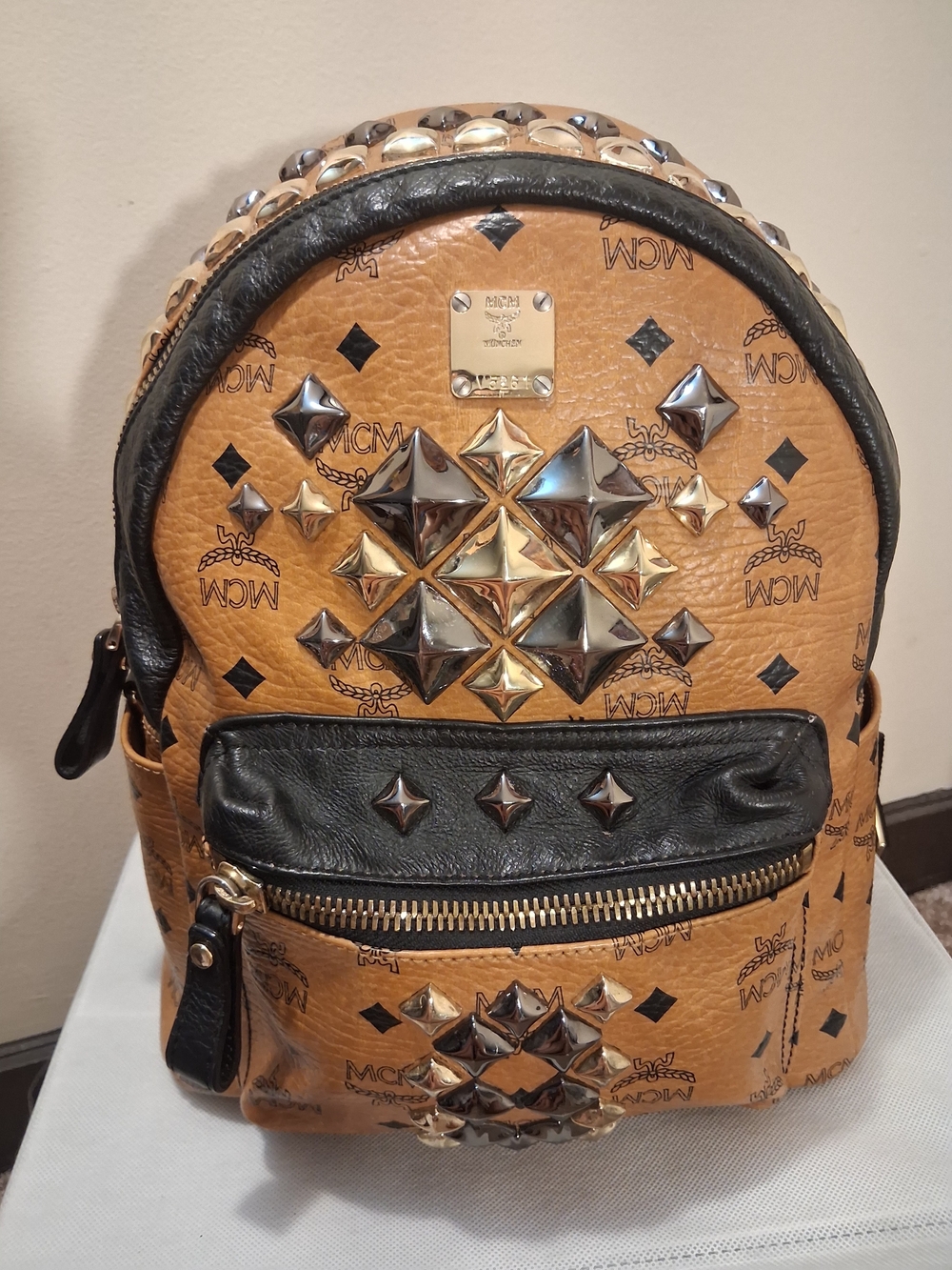 MCM Stark Studded Mini Backpack in Cognac & Black